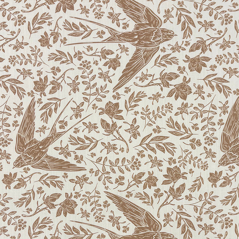 Tree Swallow bird linen curtain fabric flat image with birds in flight and natural brown floral stems