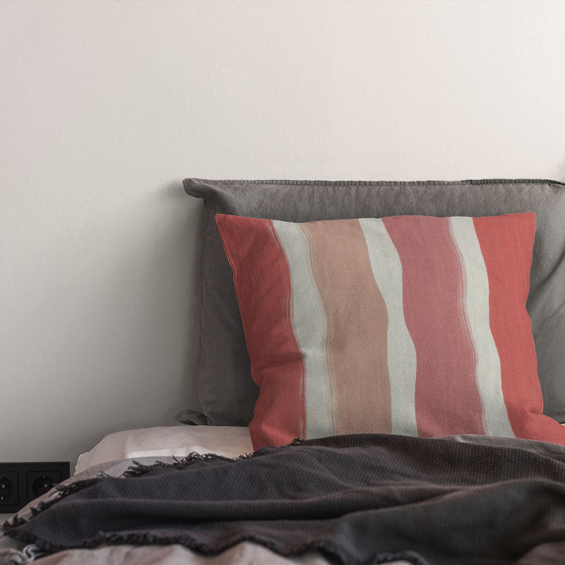striped curtain fabric cushion in pink and blush tones with soft vertical stripe design on linen blend fabric