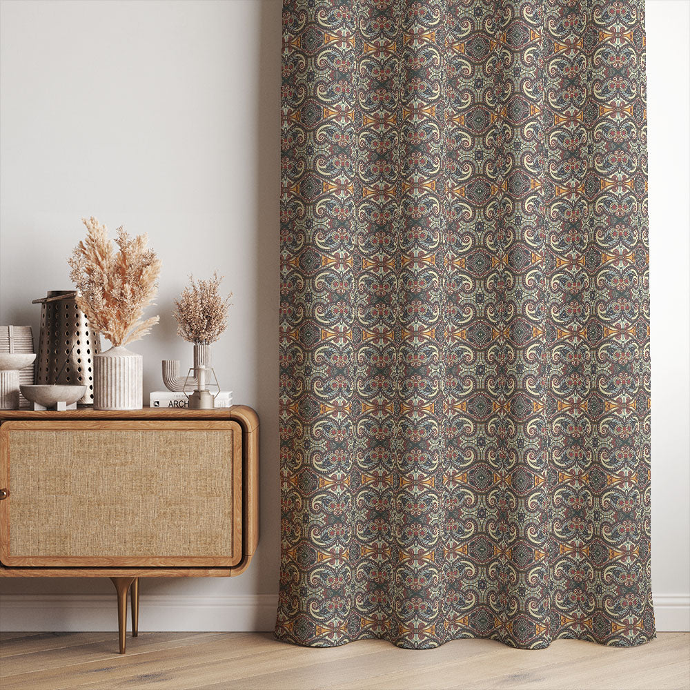 bold curtain fabric used as patterned curtains with intricate geometric design on linen blend curtain fabric