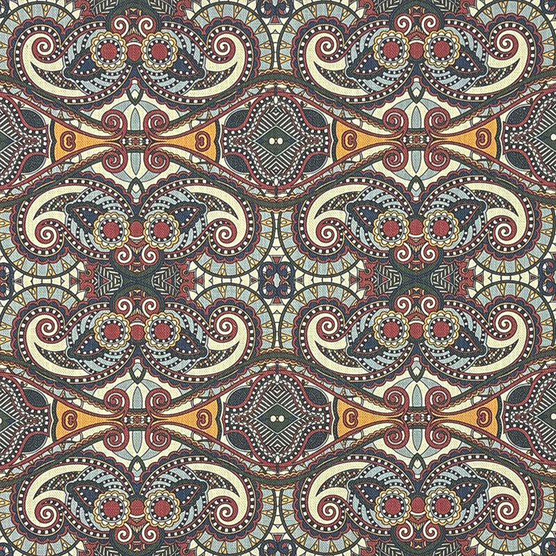 bold curtain fabric with detailed geometric pattern in earthy tones on linen blend curtain fabric