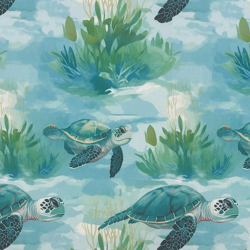 Flat image of Turtles Aqua cotton curtain fabric with sea life design in teal and aqua tones