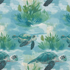 Flat image of Turtles Aqua cotton curtain fabric with sea life design in teal and aqua tones