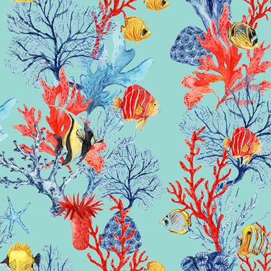 Underwater themed cotton curtain fabric in a beautiful shade of azure blue