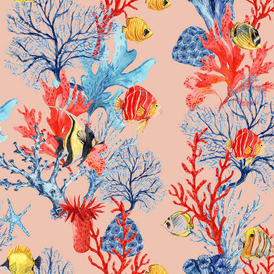 Under the Sea Cotton Curtain Fabric - Coral in vibrant oceanic shades