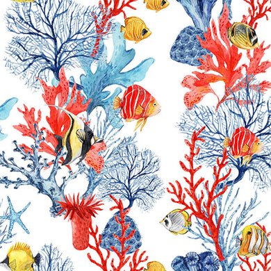 Underwater-themed cotton fabric in white with sea creatures and plants