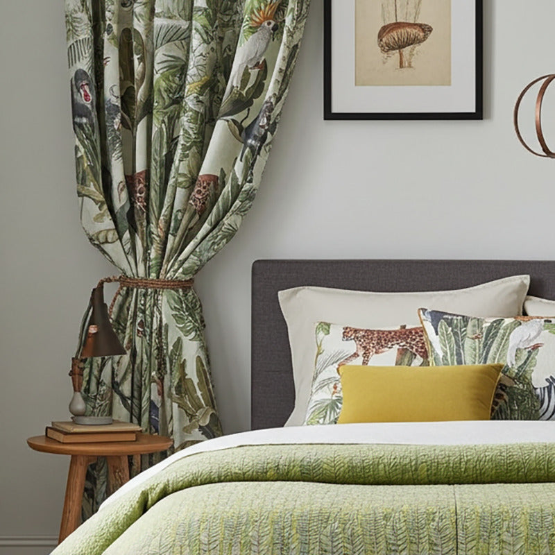 Jungle animal and leaf print curtain fabric in a modern bedroom with green and mustard accents and layered bedding