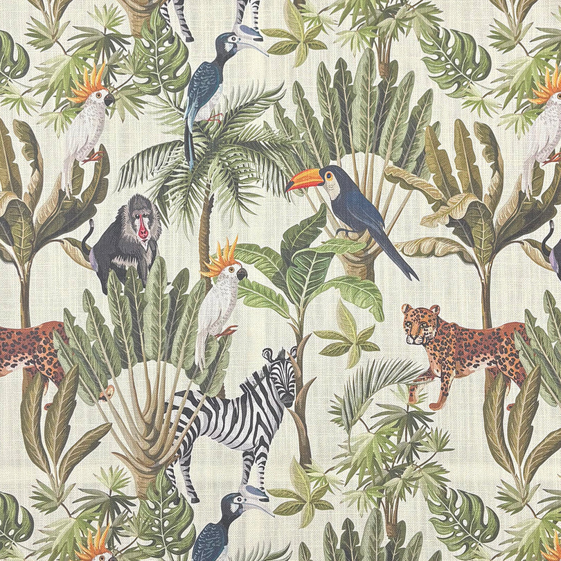 Valdivian linen jungle curtain fabric in ivory with tropical animals and foliage