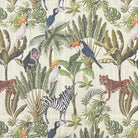 Valdivian linen jungle curtain fabric in ivory with tropical animals and foliage