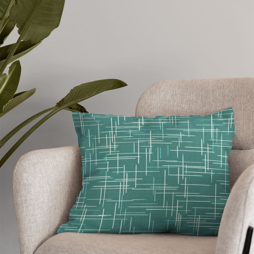 Ventura Teal printed curtain fabric cushion – 100% cotton teal curtain fabric with modern crosshatch print