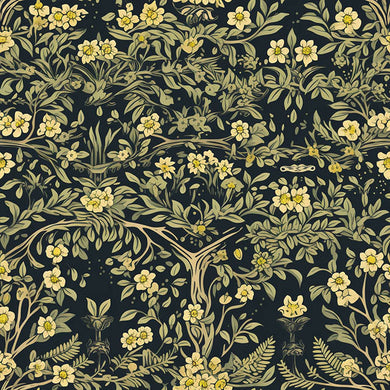 Victorian Tenere Printed Upholstery Fabric in black with intricate floral pattern