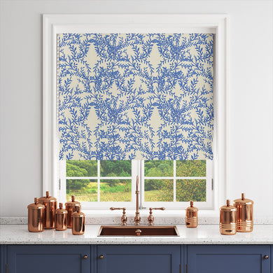 Vine Blue Linen Curtain Fabric styled as a Roman blind with botanical leaf design
