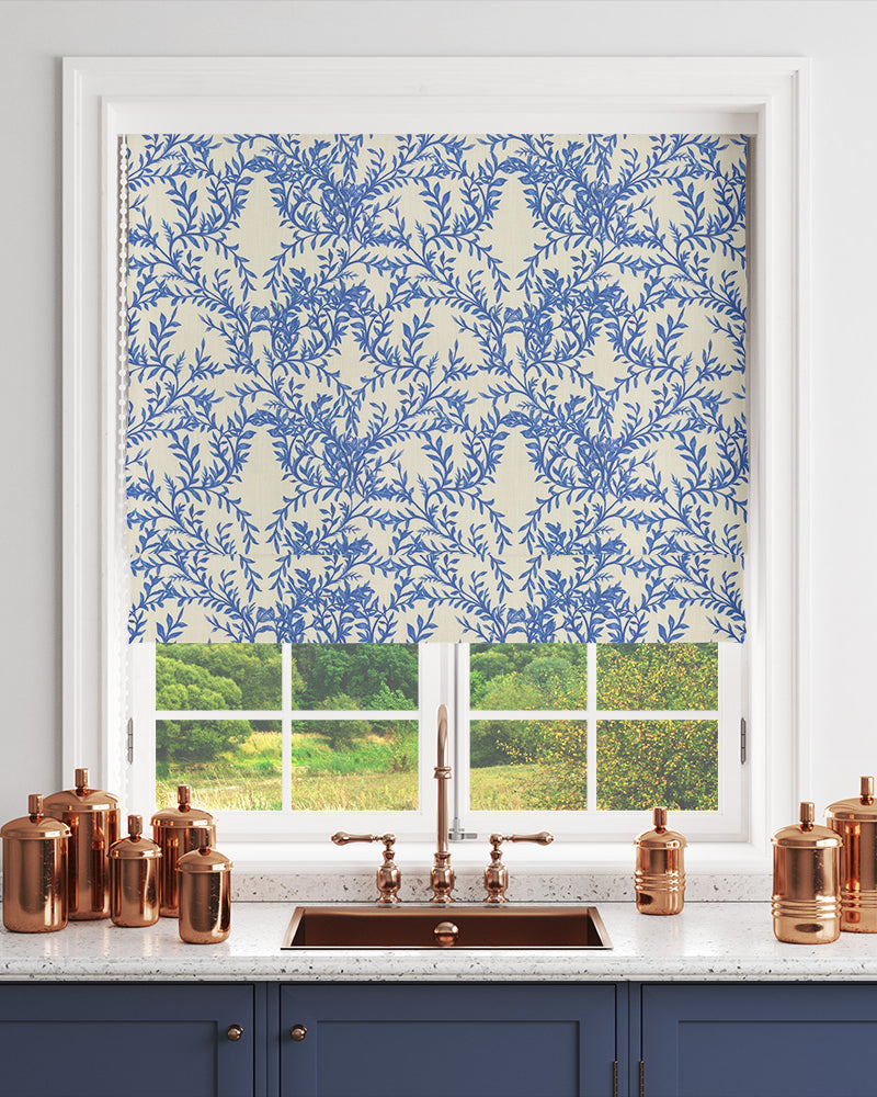Vine Blue Linen Curtain Fabric styled as a Roman blind with botanical leaf design
