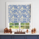 Vine Blue Linen Curtain Fabric styled as a Roman blind with botanical leaf design