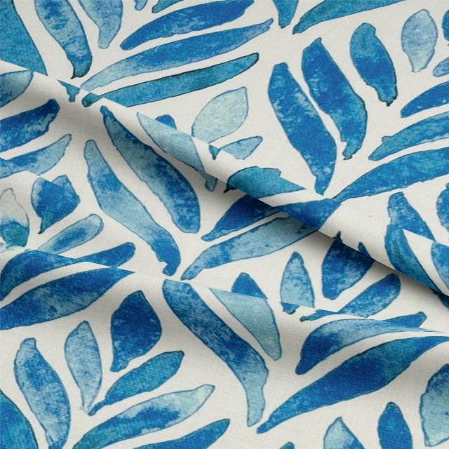 Beautiful watercolor leaves fabric with green and blue foliage pattern for crafting and sewing projects