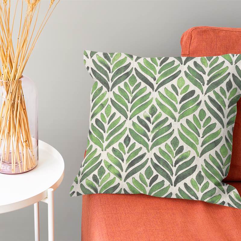 Watercolour Leaves Upholstery Fabric with green and blue leaf pattern on white background, perfect for adding a natural touch to your home decor