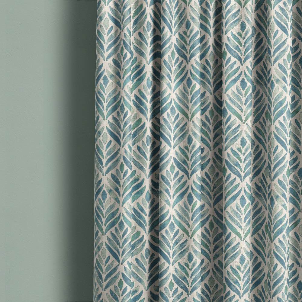 Watercolour leaves fabric featuring vibrant green and blue foliage design, perfect for nature-inspired home decor projects and crafts