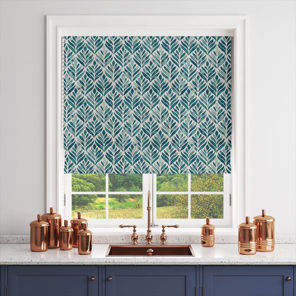 Beautiful watercolour leaves fabric with green and blue leaf patterns on white background, perfect for creating nature-inspired designs