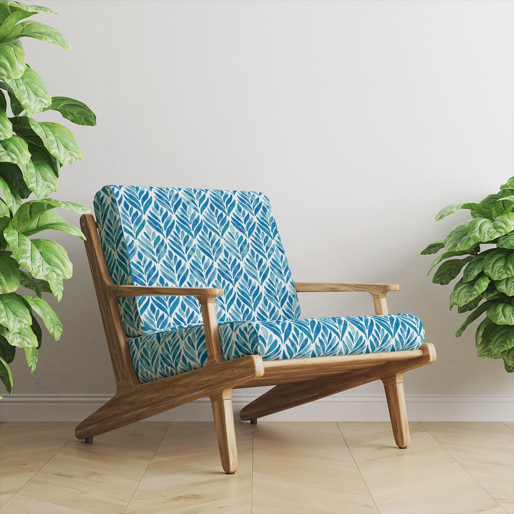 Upholstered chair in Watercolour Foliage Velvet Fabric in Azure – fresh blue velvet fabric with leaf design on chair