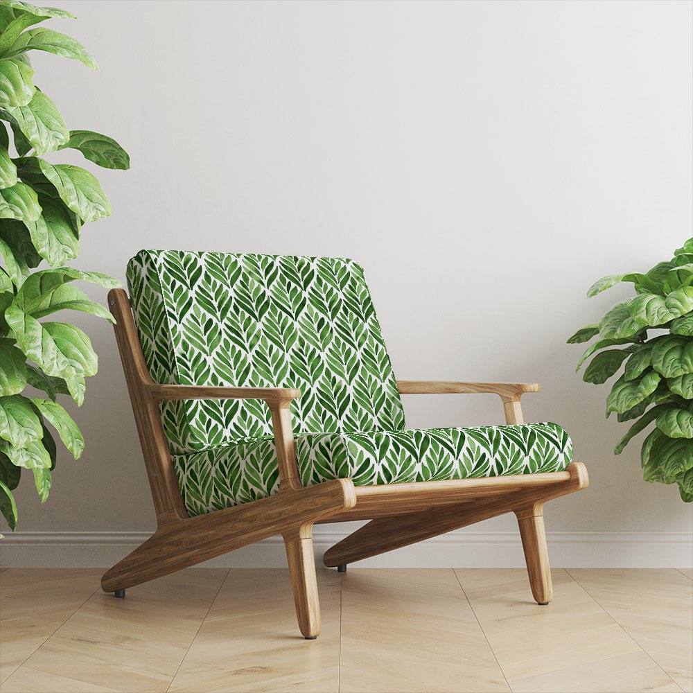Upholstered chair in Watercolour Foliage Velvet Fabric in Bottle Green – green velvet leaf fabric on mid-century chair