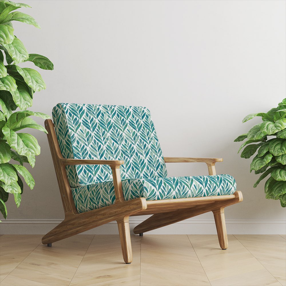 Upholstered chair in Watercolour Foliage Velvet Fabric in Teal – statement velvet leaf upholstery in teal tones