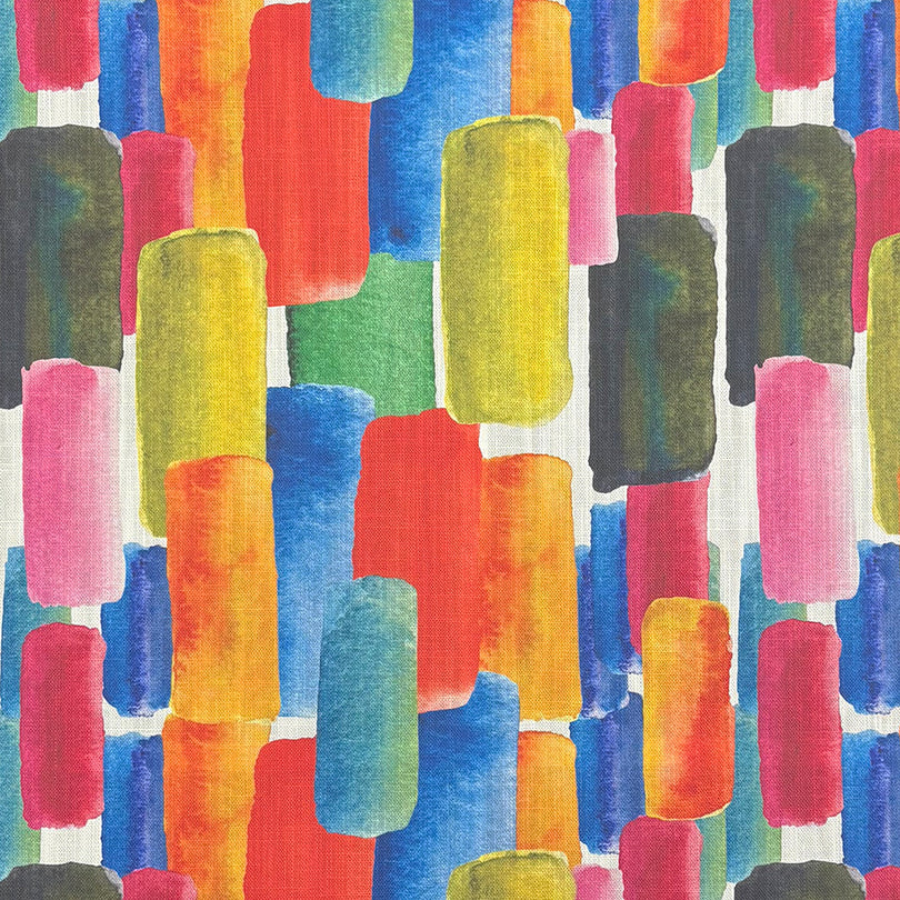 Watercolour Paints Multi linen curtain fabric with bold multicoloured brushstroke pattern on white background