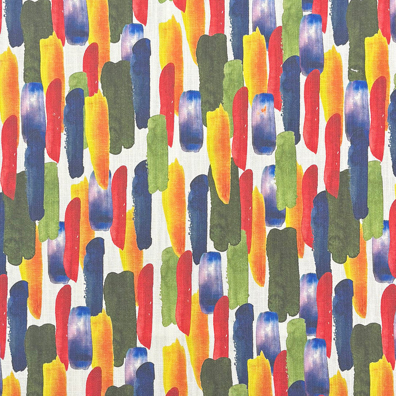 Watercolour Paints Olive and Navy linen curtain fabric featuring painterly brushstroke pattern in blue, green, red and yellow tones