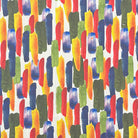 Watercolour Paints Olive and Navy linen curtain fabric featuring painterly brushstroke pattern in blue, green, red and yellow tones