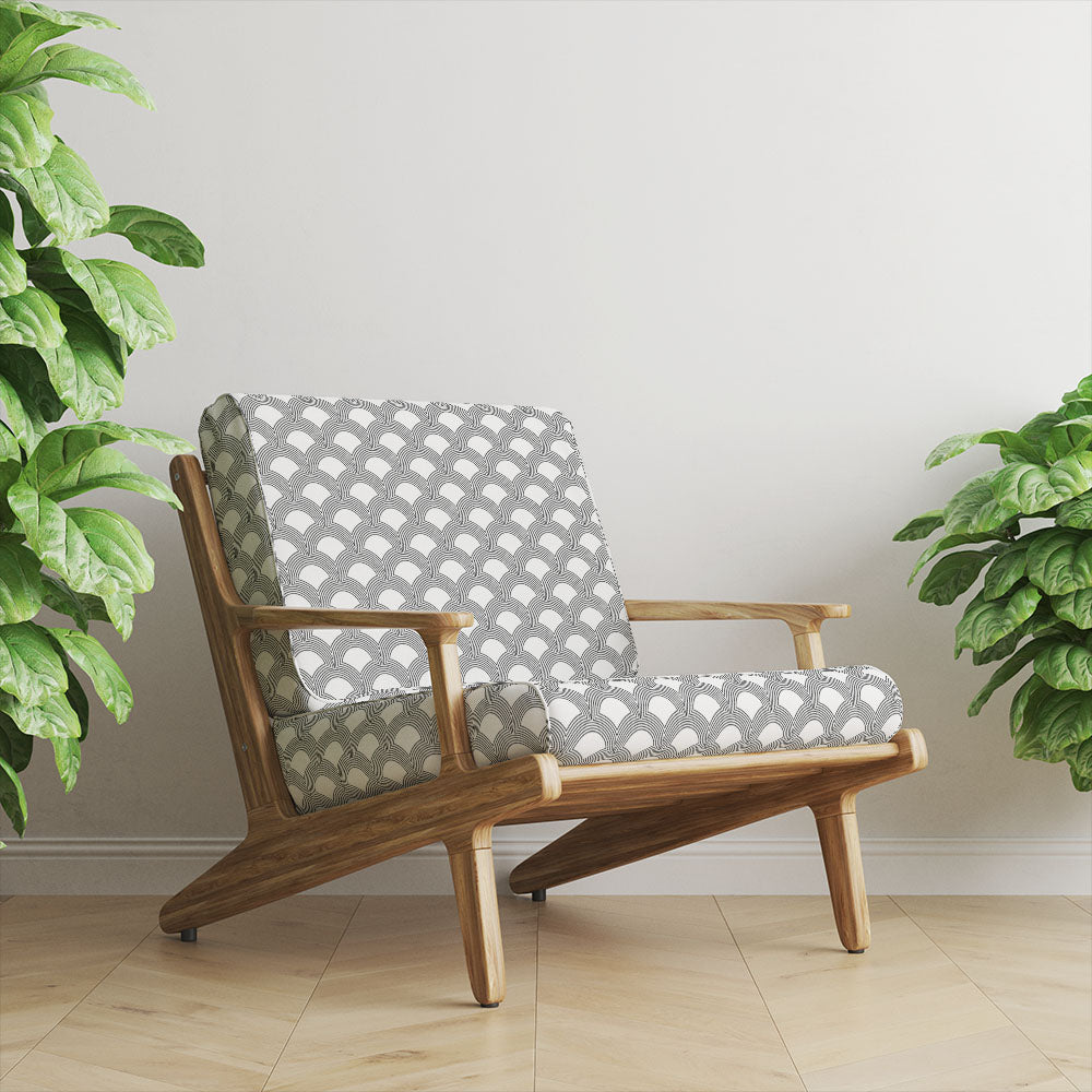 Waverly Black geometric velvet upholstery fabric on chair
