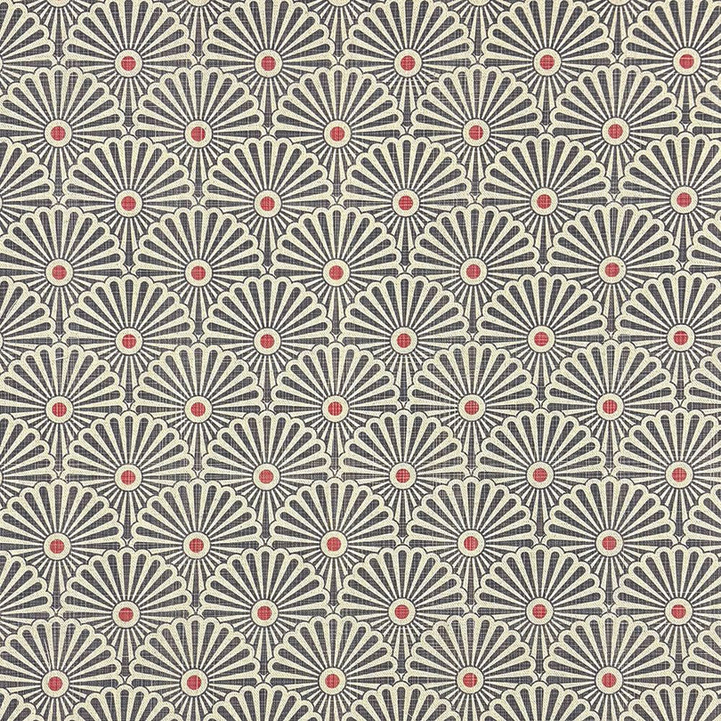 Welford Charcoal geometric linen blend upholstery fabric – flat lay showcasing fan motif.