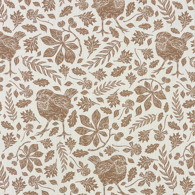 Weston bird linen curtain fabric flat image with woodland birds oak leaves and natural brown print
