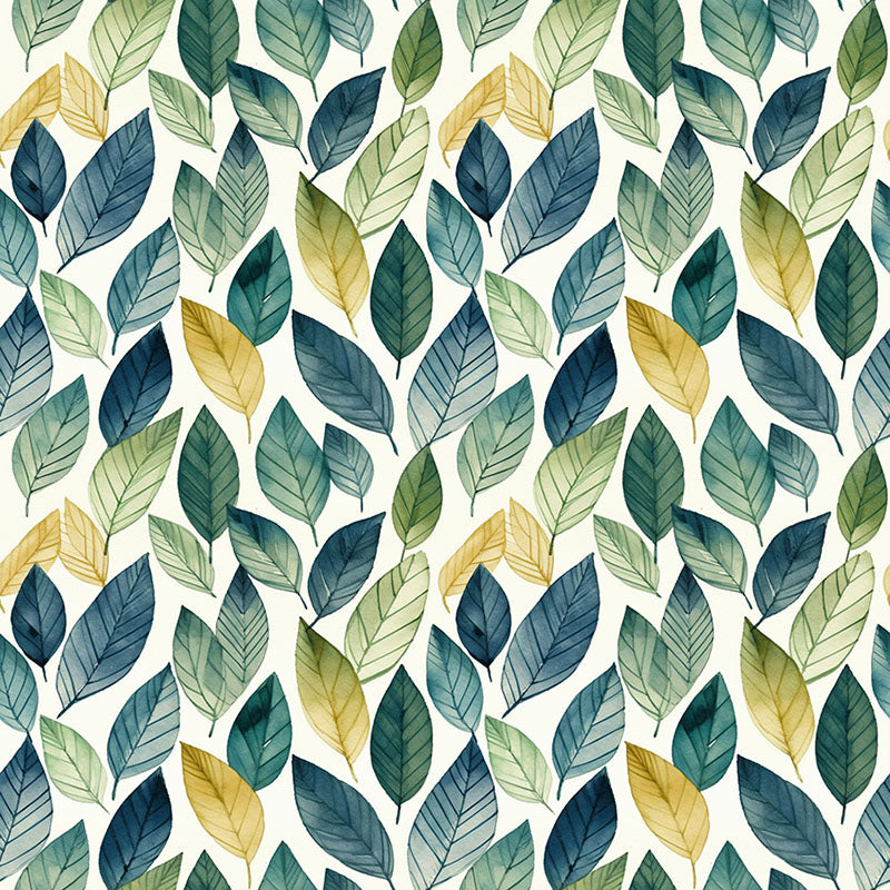 Whinfell blue and green leaf curtain fabric with sage and muted gold foliage on warm white
