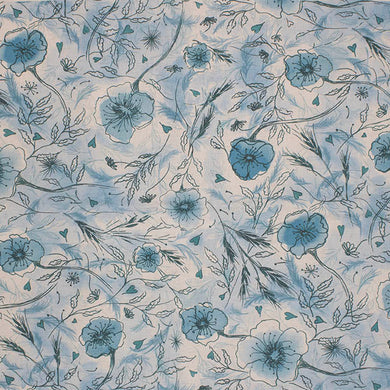 Wild Poppies Linen Curtain Fabric in Seafoam Seas, a beautiful sea-inspired color scheme with delicate poppy design