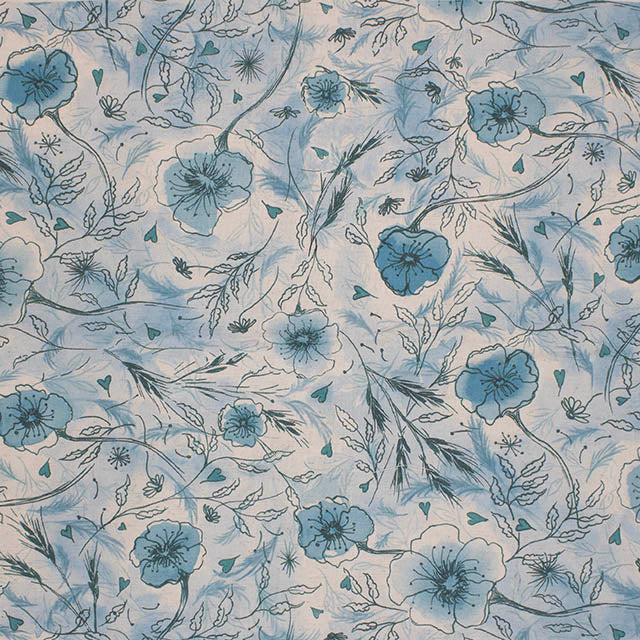 Wild Poppies Linen Curtain Fabric in Seafoam Seas, a beautiful sea-inspired color scheme with delicate poppy design