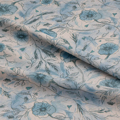 High quality linen curtain fabric in Seafoam Seas featuring a stunning wild poppies pattern
