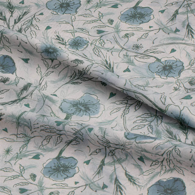 Close-up of Wild Poppies Linen Curtain Fabric - Blue Sage's intricate stitching