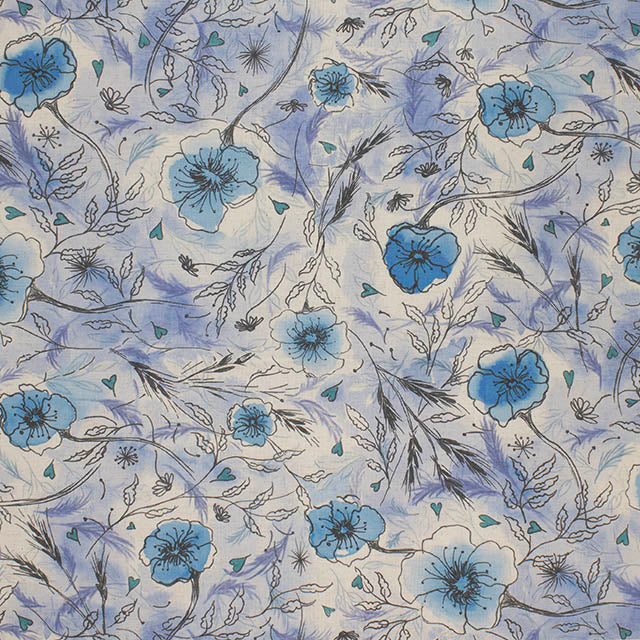 Wild Poppies Linen Curtain Fabric - Blueberry Bliss in a stylish living room setting