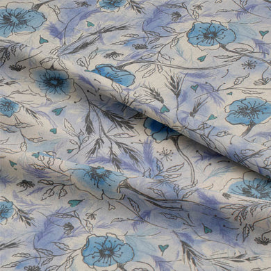 Close-up of Wild Poppies Linen Curtain Fabric - Blueberry Bliss texture