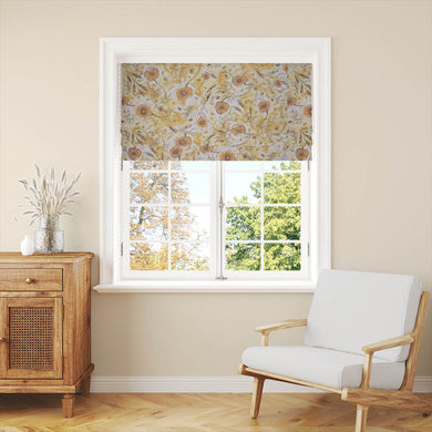 Wild Poppies Linen Curtain Fabric - Holkham Sands hanging in a sunlit room, casting a warm and inviting glow