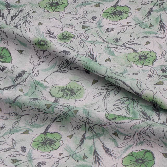 High-quality linen fabric featuring beautiful wild poppies in shades of green