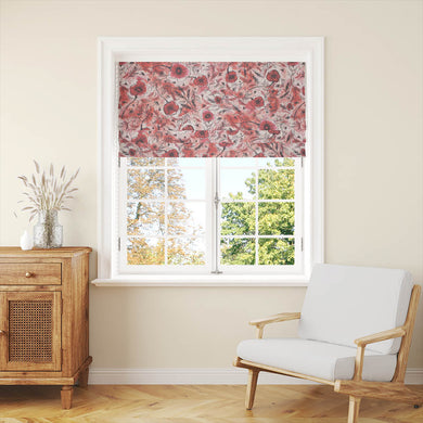 High-quality linen curtain fabric featuring a stunning strawberry sorbet hue and wild poppy pattern