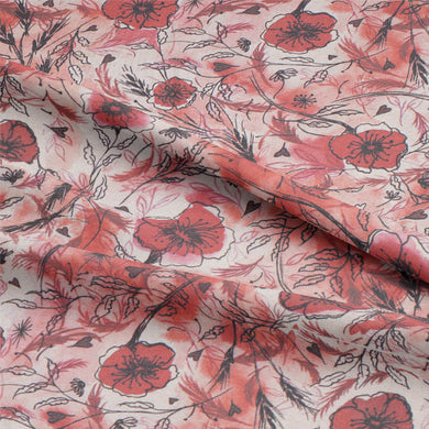 Beautiful strawberry sorbet-colored linen fabric with wild poppy design