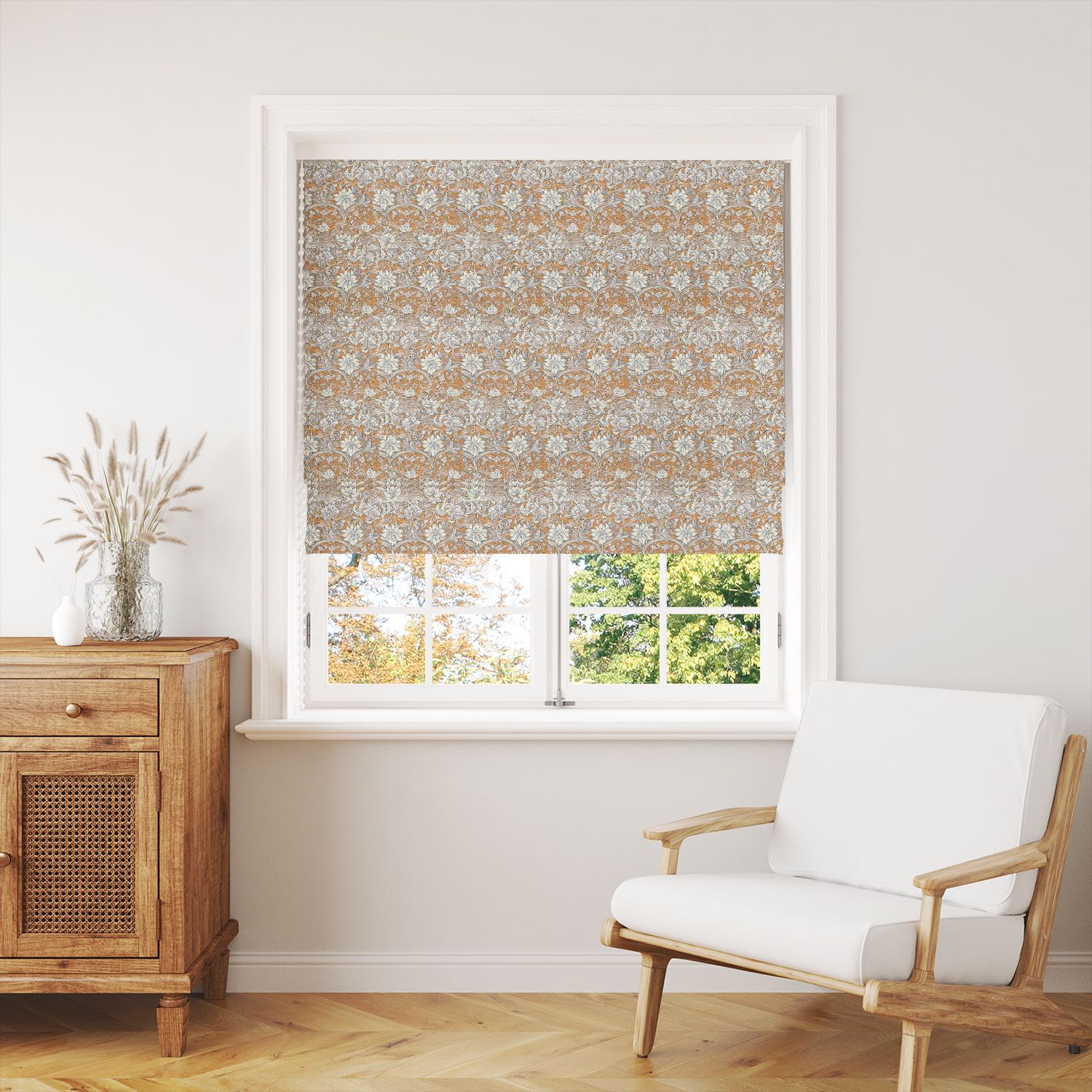 Ochre floral curtain fabric shown in a classic blind setup
