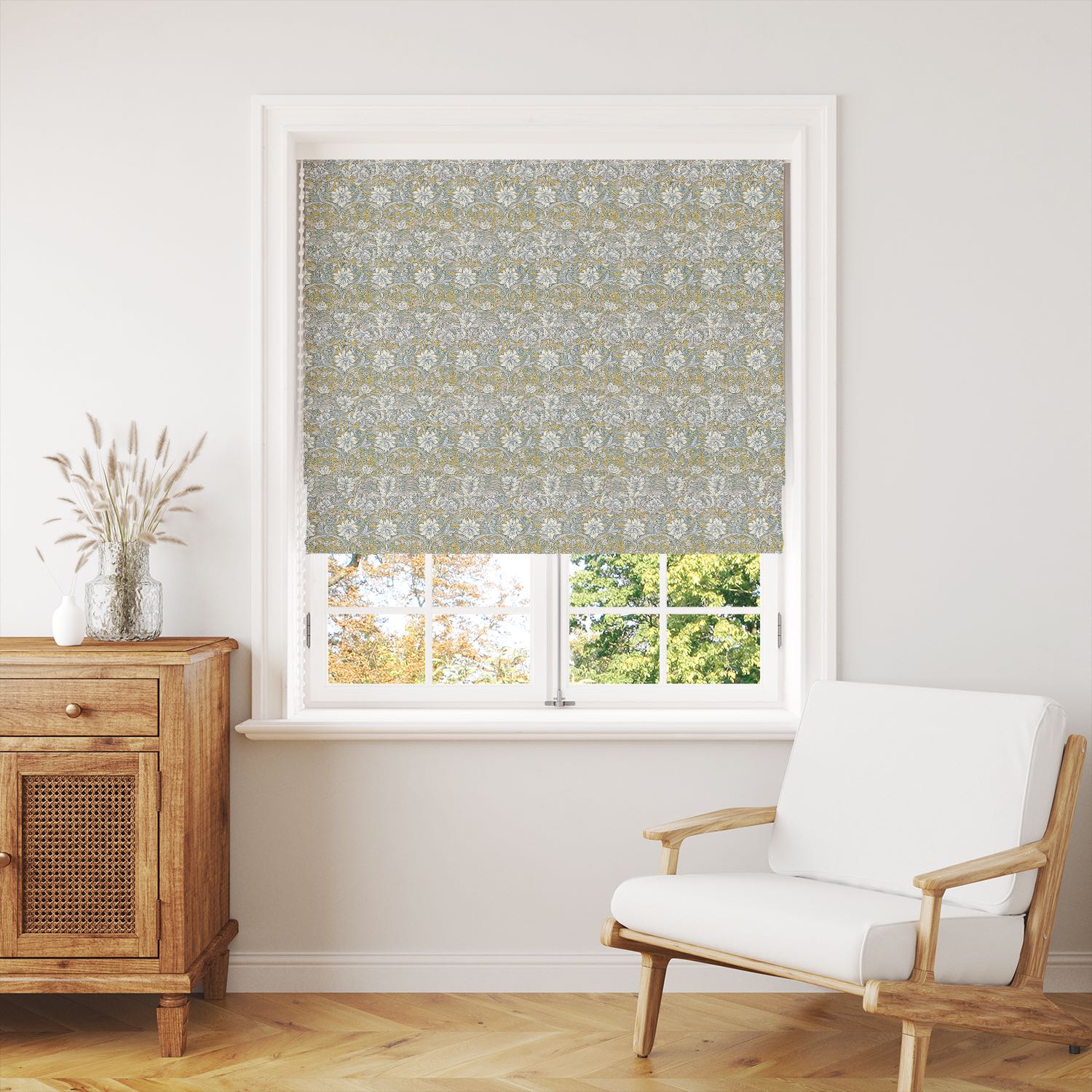 Olive floral curtain fabric fitted as a blind in a traditional setting