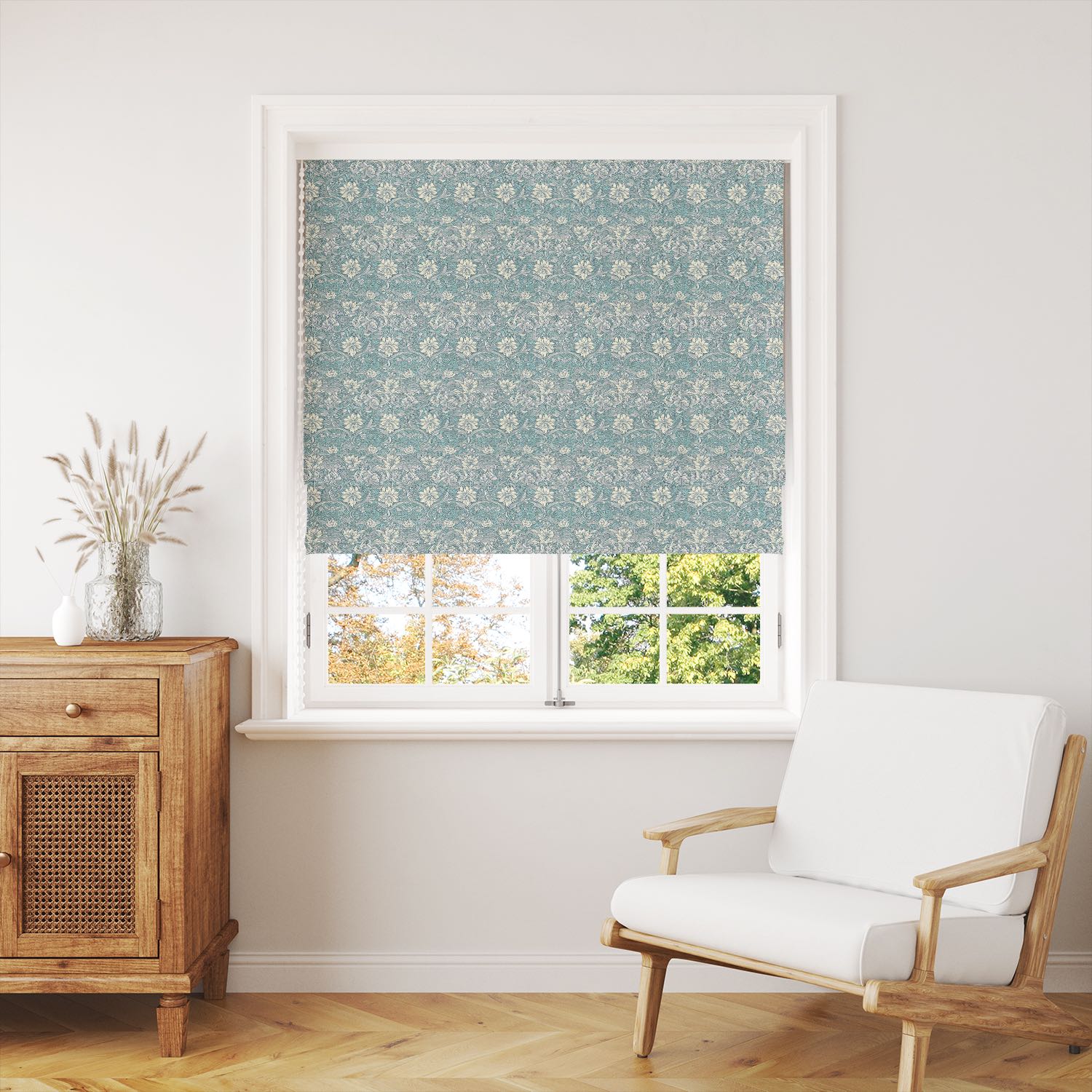 Wedgewood blue floral curtain fabric shown as a roman blind