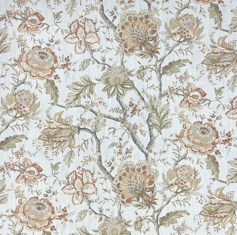 Elegant Windsor Upholstery Fabric in light blush pink with intricate vine pattern