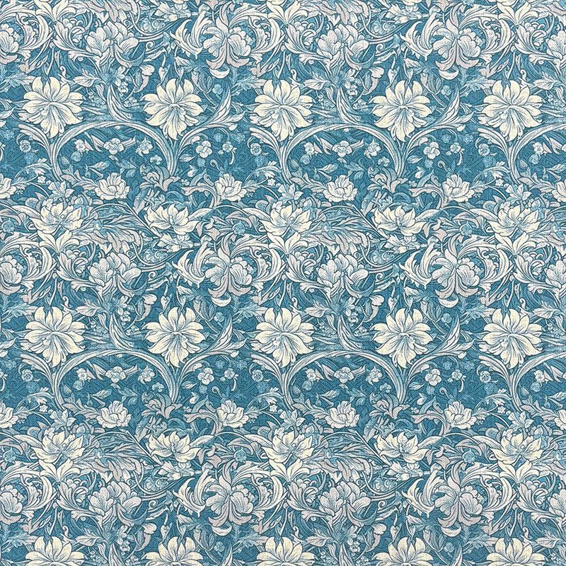 Floral velvet upholstery fabric in blue with ivory botanical pattern