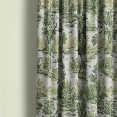 Curtain made from Woodland Green Forest Green fabric with traditional countryside print in soft green tones