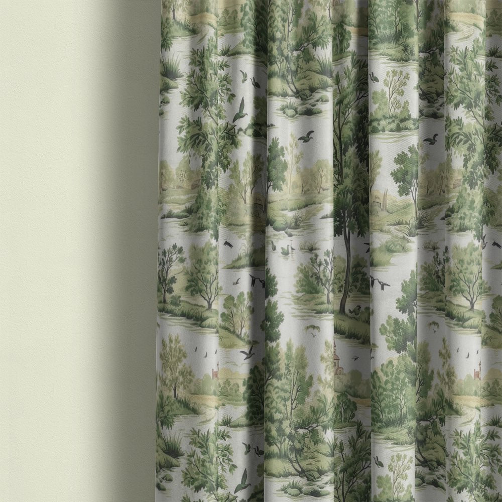 Curtain made from Woodland Green Forest Green fabric with traditional countryside print in soft green tones