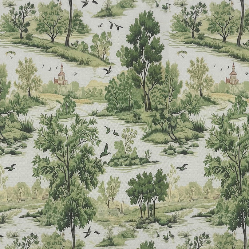 Woodland Green cotton curtain fabric in Forest Green showing scenic rural landscape with trees and birds