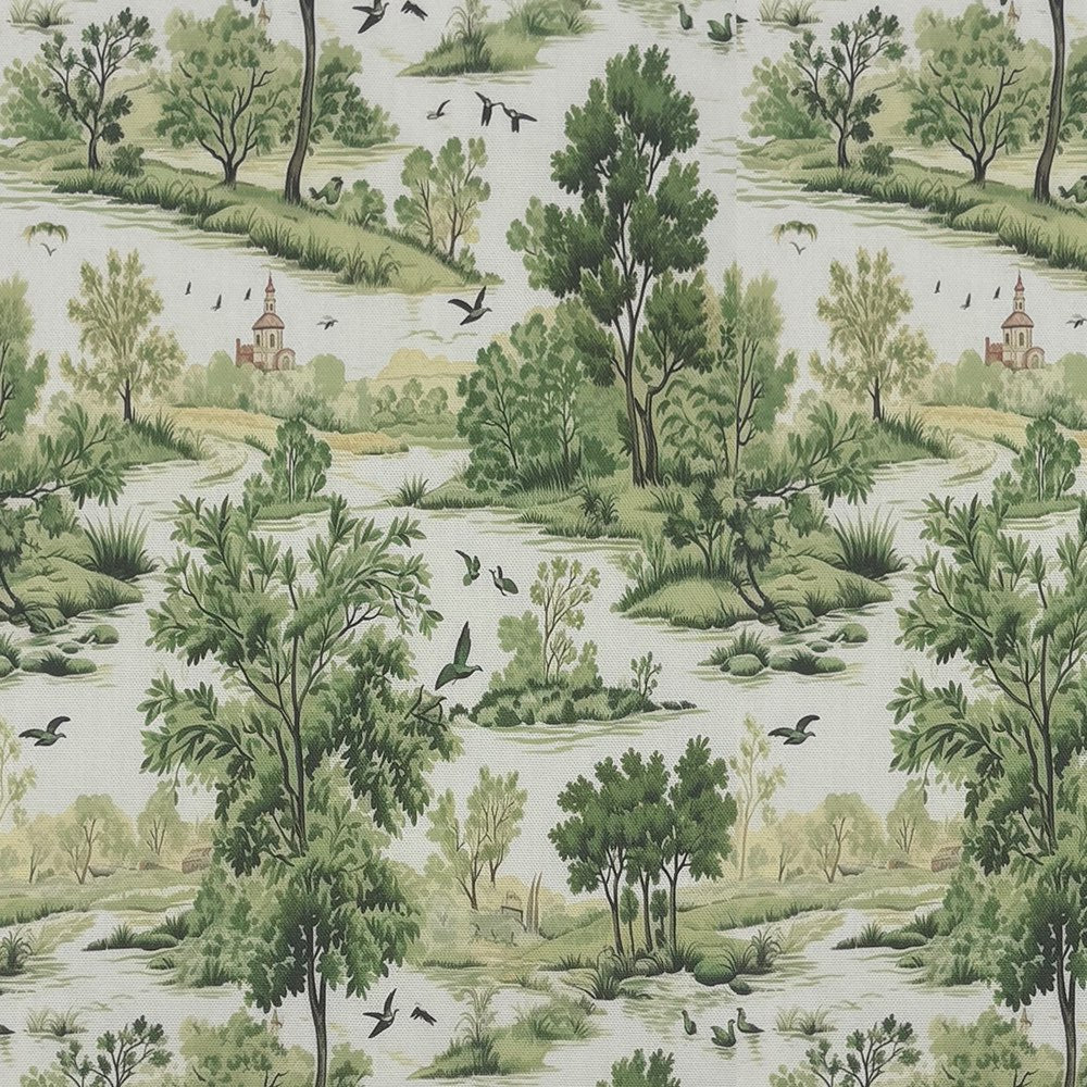 Woodland Green cotton curtain fabric in Forest Green showing scenic rural landscape with trees and birds